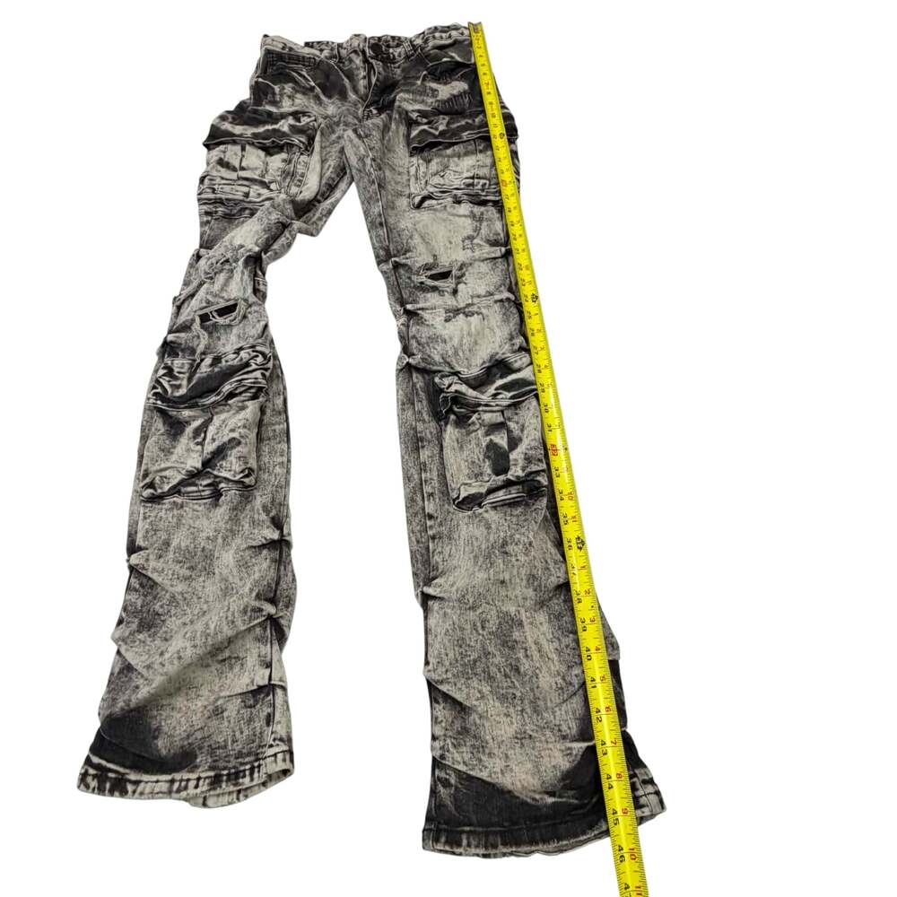Smoke Rise Men's Stacked Flare Cargo Denim Jeans in Acid Washed Black - Picture 6 of 8